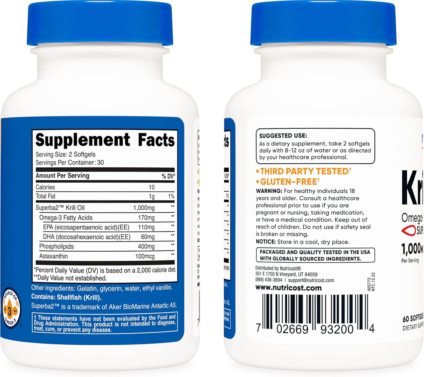 2 Bottles Nutricost Krill Oil 1000mg Liquid Softgels - Omega-3 EPA-DHA Supplement