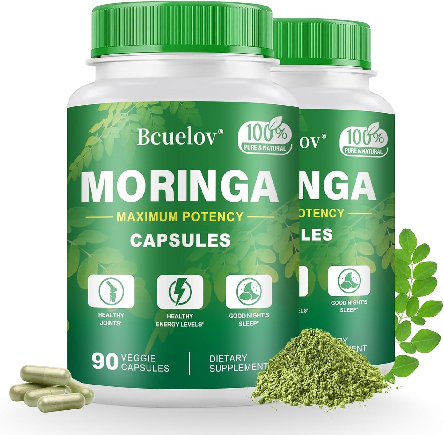 2 Bottles of Bcuelov Moringa Capsules - 800mg Pure Powder for Energy, Immune, Gut Health - Green Superfood with Vitamins & Amino Acids - 90 Capsules