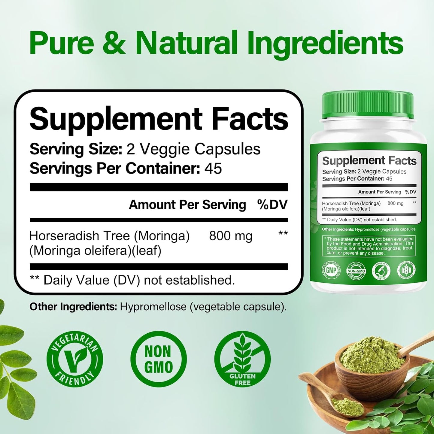 2 Bottles of Bcuelov Moringa Capsules - 800mg Pure Powder for Energy, Immune, Gut Health - Green Superfood with Vitamins & Amino Acids - 90 Capsules