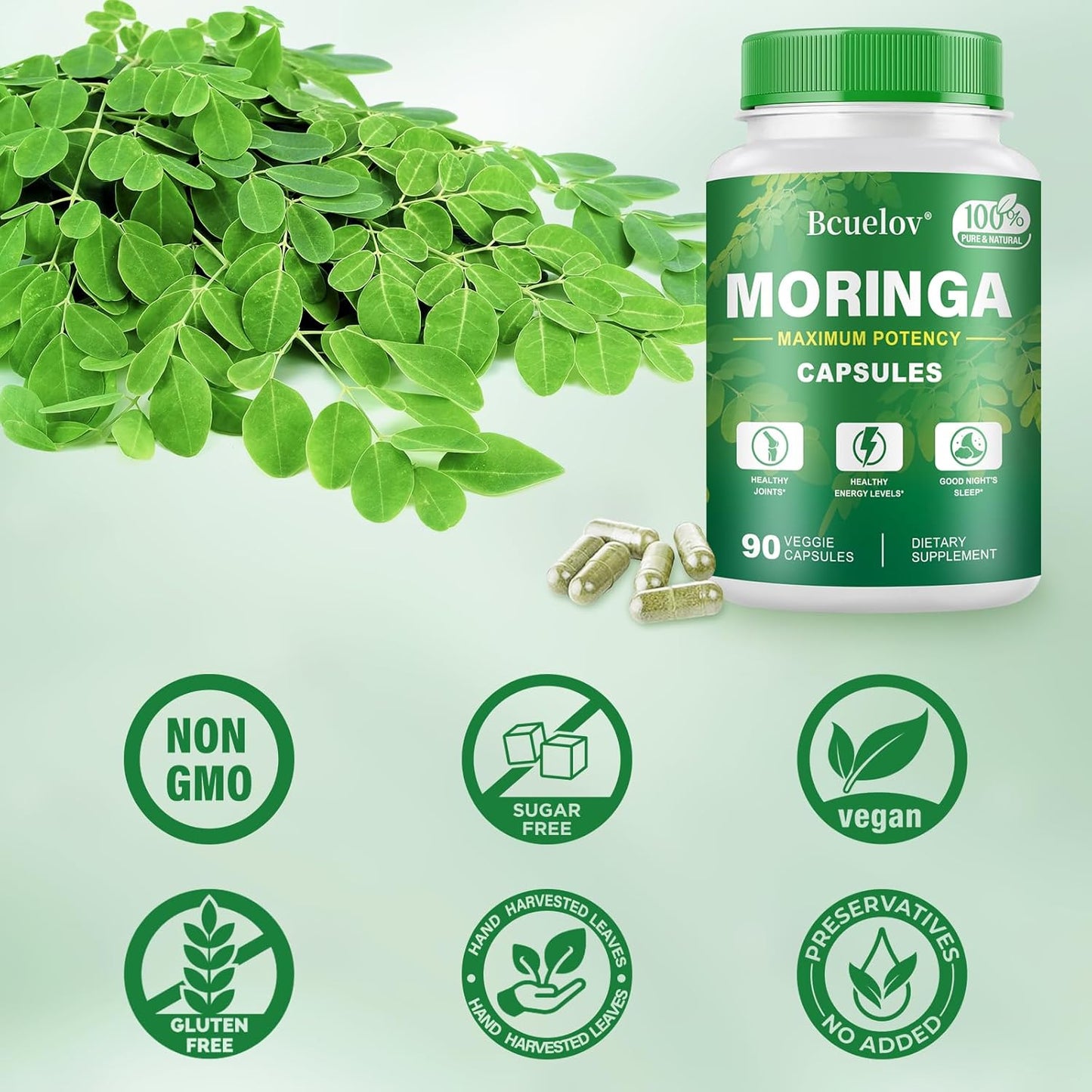 2 Bottles of Bcuelov Moringa Capsules - 800mg Pure Powder for Energy, Immune, Gut Health - Green Superfood with Vitamins & Amino Acids - 90 Capsules