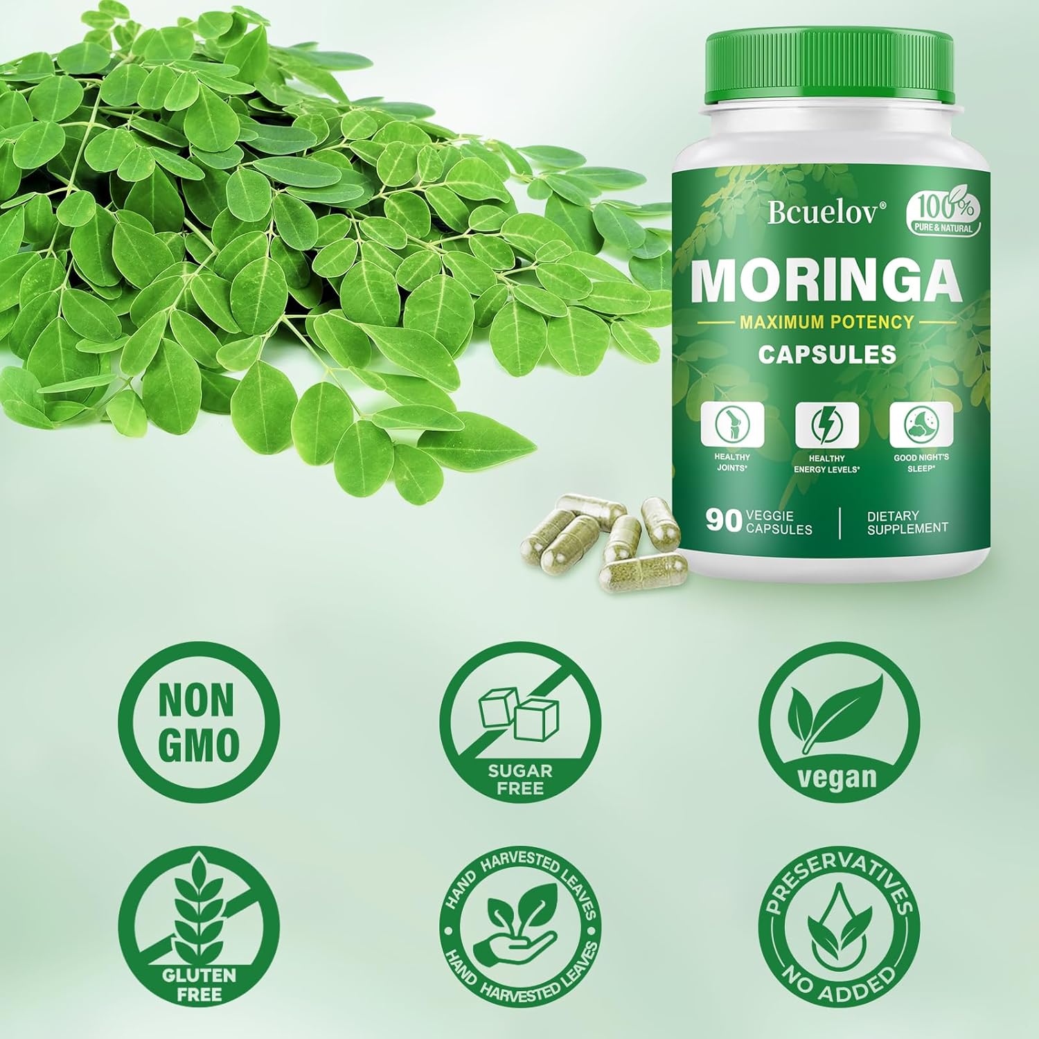 2 Bottles of Bcuelov Moringa Capsules - 800mg Pure Powder for Energy, Immune, Gut Health - Green Superfood with Vitamins & Amino Acids - 90 Capsules