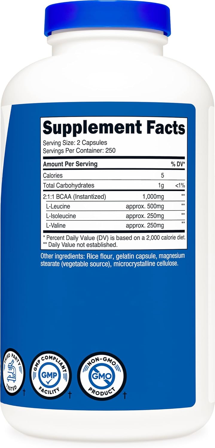 2 Bottles of Nutricost BCAA 1000mg, 500 Capsules - 2:1:1 Ratio of Leucine, Isoleucine, Valine - 250 Servings