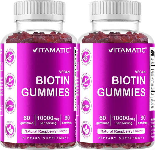 2 Bottles of Vitamatic Biotin Gummies 10,000 mcg for Hair, Skin & Nails - 60 Vegan Gummies - Vitamin B7