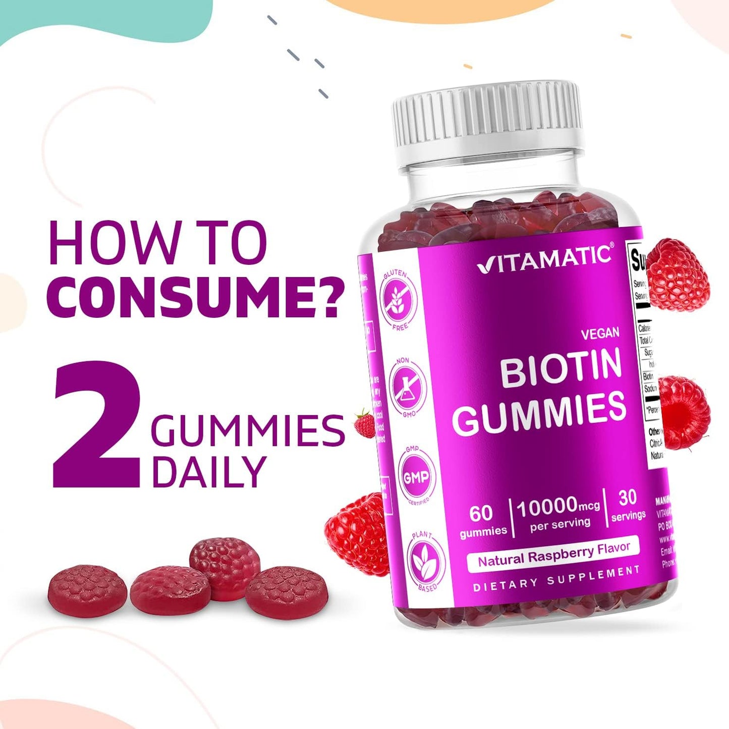 2 Bottles of Vitamatic Biotin Gummies 10,000 mcg for Hair, Skin & Nails - 60 Vegan Gummies - Vitamin B7