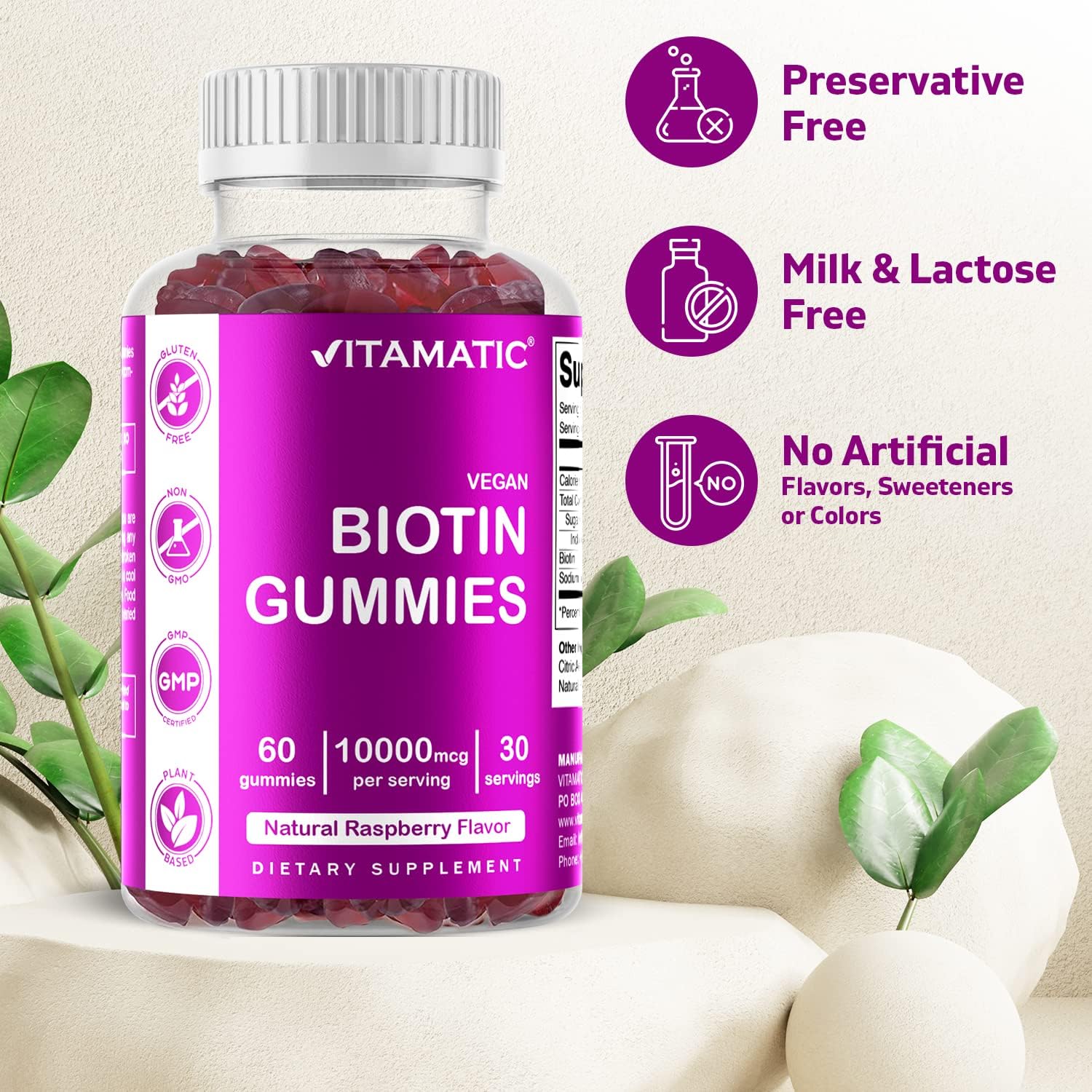 2 Bottles of Vitamatic Biotin Gummies 10,000 mcg for Hair, Skin & Nails - 60 Vegan Gummies - Vitamin B7