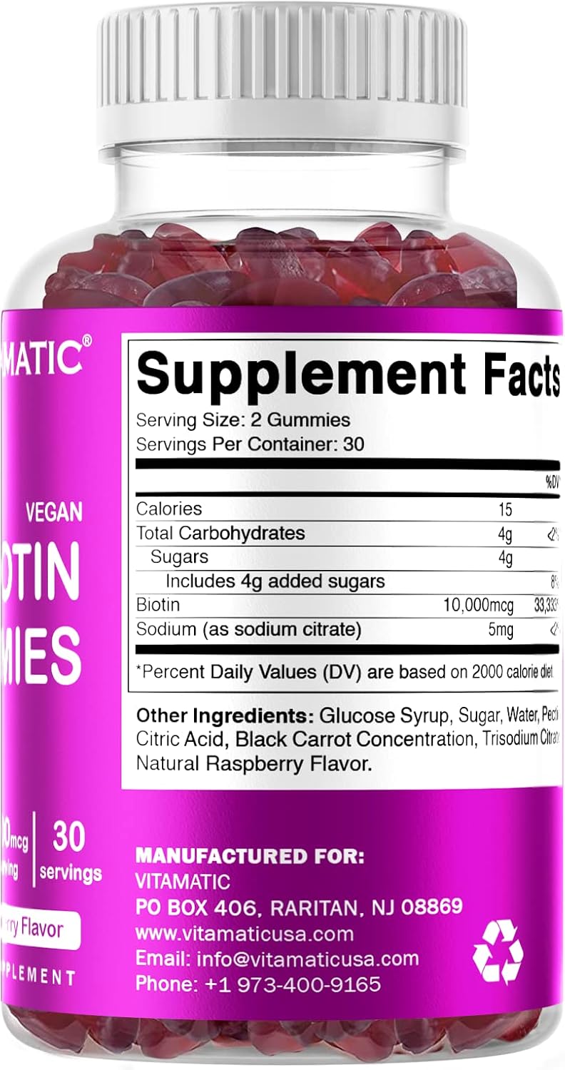 2 Bottles of Vitamatic Biotin Gummies 10,000 mcg for Hair, Skin & Nails - 60 Vegan Gummies - Vitamin B7