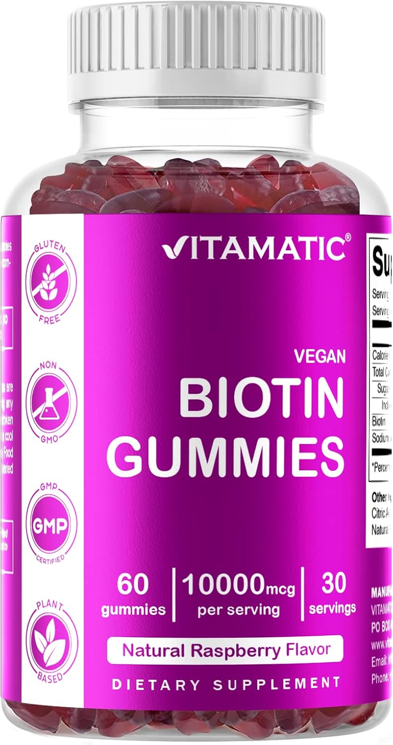 2 Bottles of Vitamatic Biotin Gummies 10,000 mcg for Hair, Skin & Nails - 60 Vegan Gummies - Vitamin B7