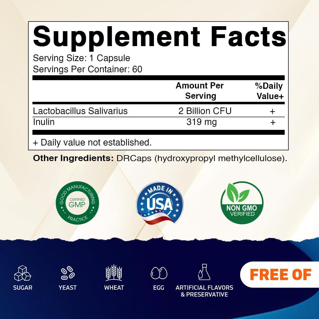 2 Bottles of Vitamatic Lactobacillus Salivarius DR Capsules - 60 Count Each - 2 Billion CFUs per Capsule - Digestive Support with Prebiotic Inulin Fiber