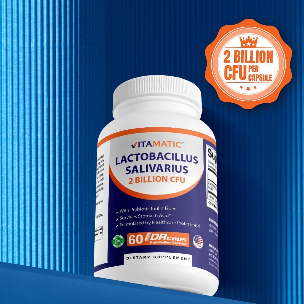 2 Bottles of Vitamatic Lactobacillus Salivarius DR Capsules - 60 Count Each - 2 Billion CFUs per Capsule - Digestive Support with Prebiotic Inulin Fiber