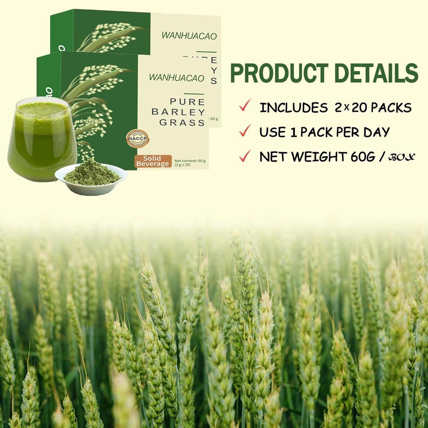 2 Boxes of Pure Organic Barley Grass Juice Powder - 40 Bags, Daily Greens Booster with Iron, Vitamin C & E for Men & Women