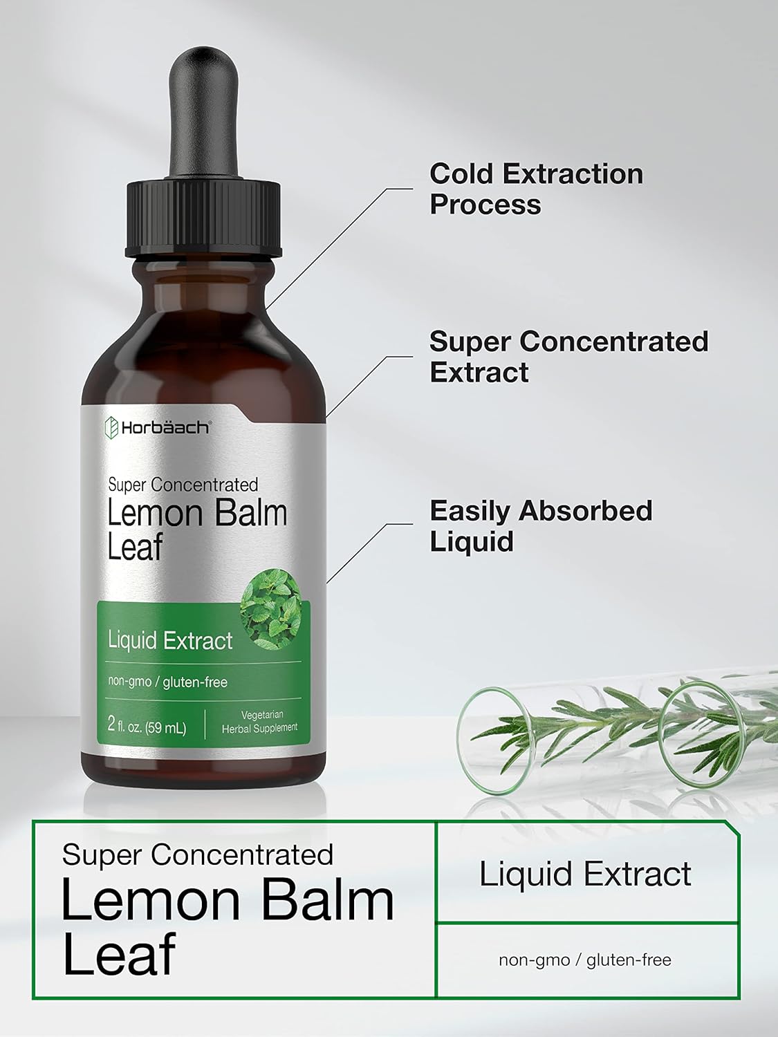 2 fl oz Horbäach Lemon Balm Tincture - Melissa Officinalis Leaf Liquid Extract - Vegetarian, Non-GMO, Gluten Free