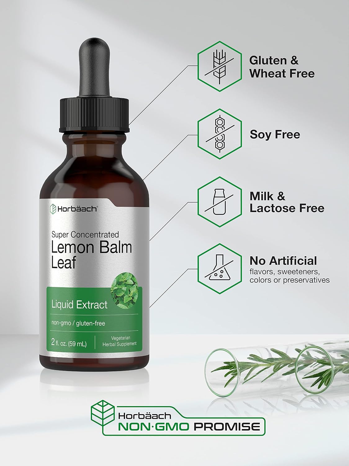 2 fl oz Horbäach Lemon Balm Tincture - Melissa Officinalis Leaf Liquid Extract - Vegetarian, Non-GMO, Gluten Free