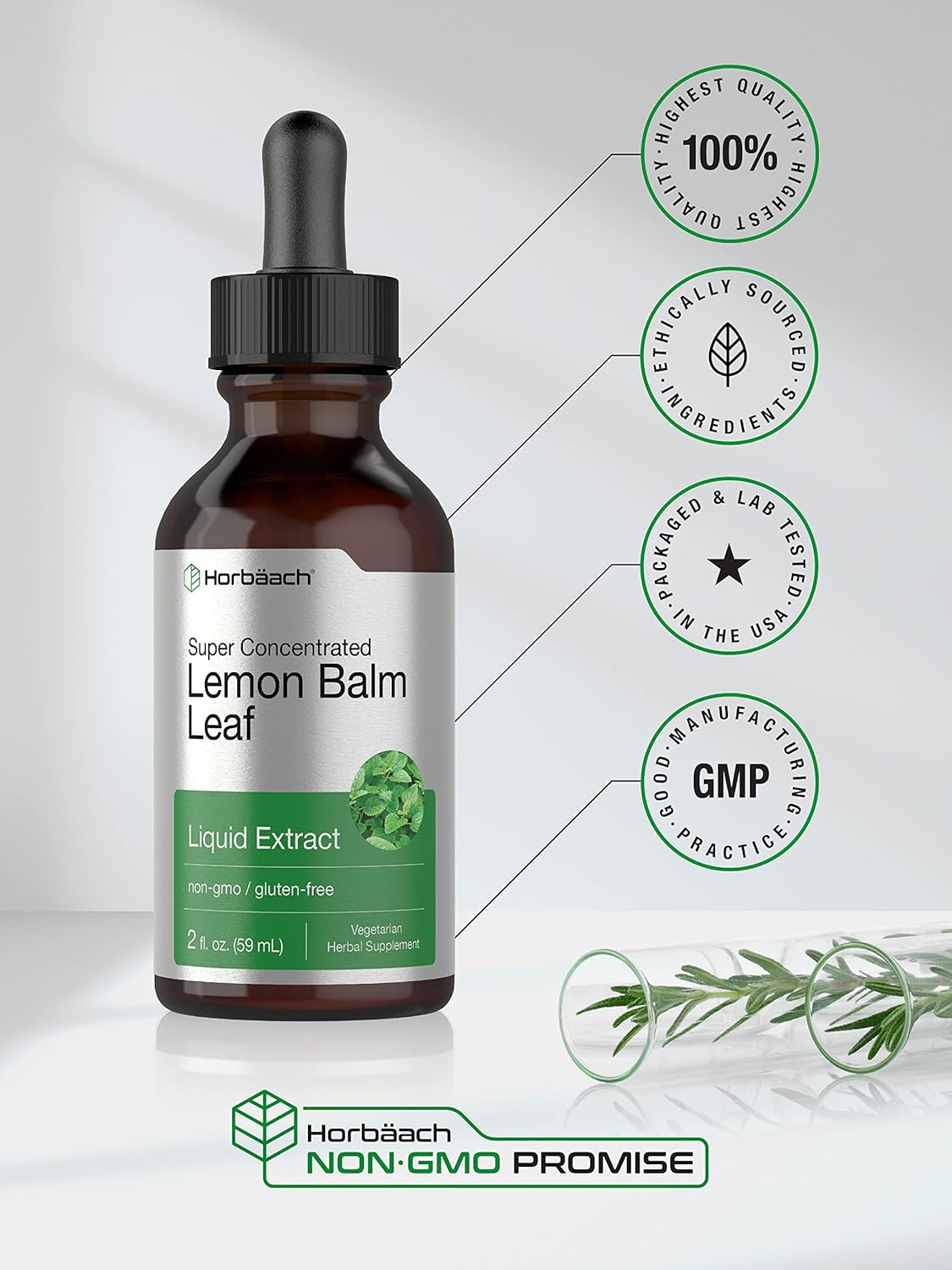 2 fl oz Horbäach Lemon Balm Tincture - Melissa Officinalis Leaf Liquid Extract - Vegetarian, Non-GMO, Gluten Free