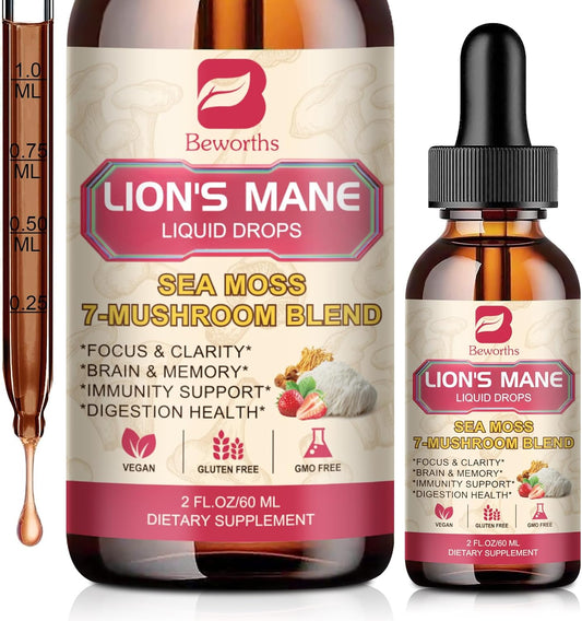 2 Fl Oz Lion's Mane Mushroom Liquid Drops with Sea Moss Complex - Memory, Focus, and Immunity Support