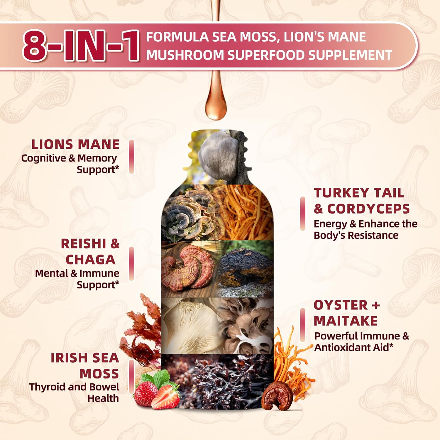 2 Fl Oz Lion's Mane Mushroom Liquid Drops with Sea Moss Complex - Memory, Focus, and Immunity Support