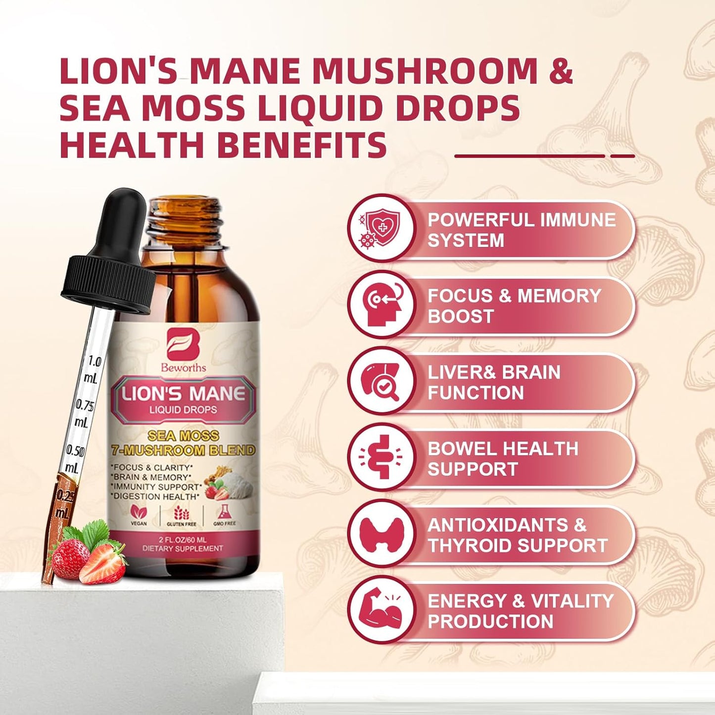 2 Fl Oz Lion's Mane Mushroom Liquid Drops with Sea Moss Complex - Memory, Focus, and Immunity Support