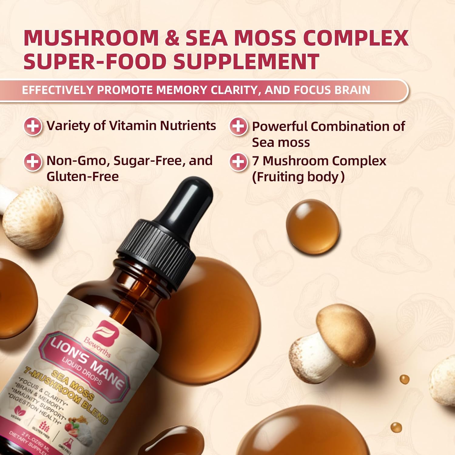2 Fl Oz Lion's Mane Mushroom Liquid Drops with Sea Moss Complex - Memory, Focus, and Immunity Support