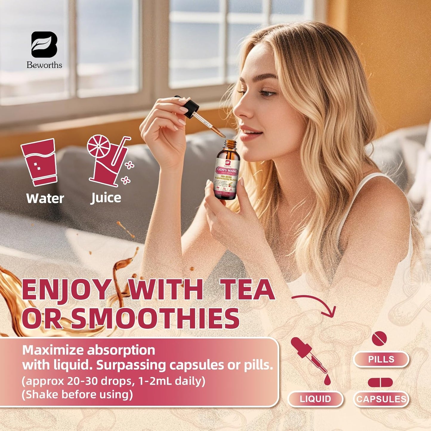 2 Fl Oz Lion's Mane Mushroom Liquid Drops with Sea Moss Complex - Memory, Focus, and Immunity Support