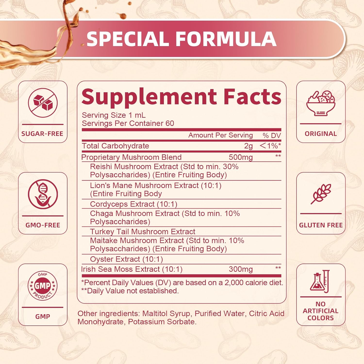 2 Fl Oz Lion's Mane Mushroom Liquid Drops with Sea Moss Complex - Memory, Focus, and Immunity Support