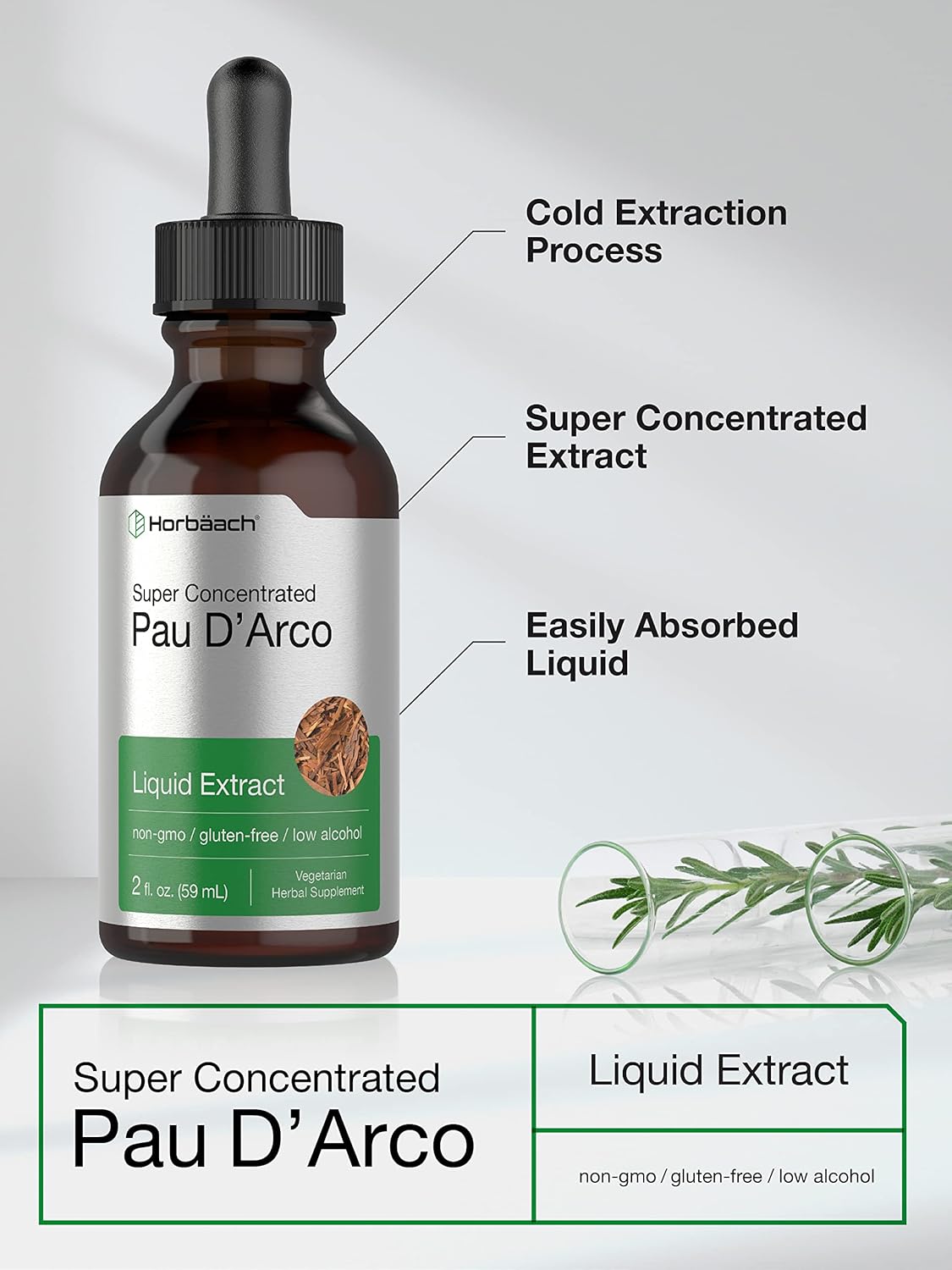 2 fl oz Liquid Drops of Horbäach PAU D'Arco Extract - Vegetarian, Non-GMO, Gluten Free Supplement