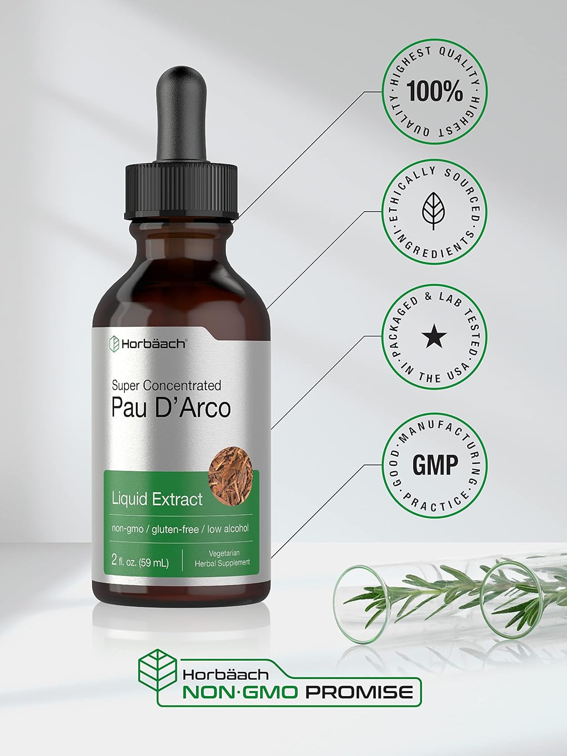 2 fl oz Liquid Drops of Horbäach PAU D'Arco Extract - Vegetarian, Non-GMO, Gluten Free Supplement