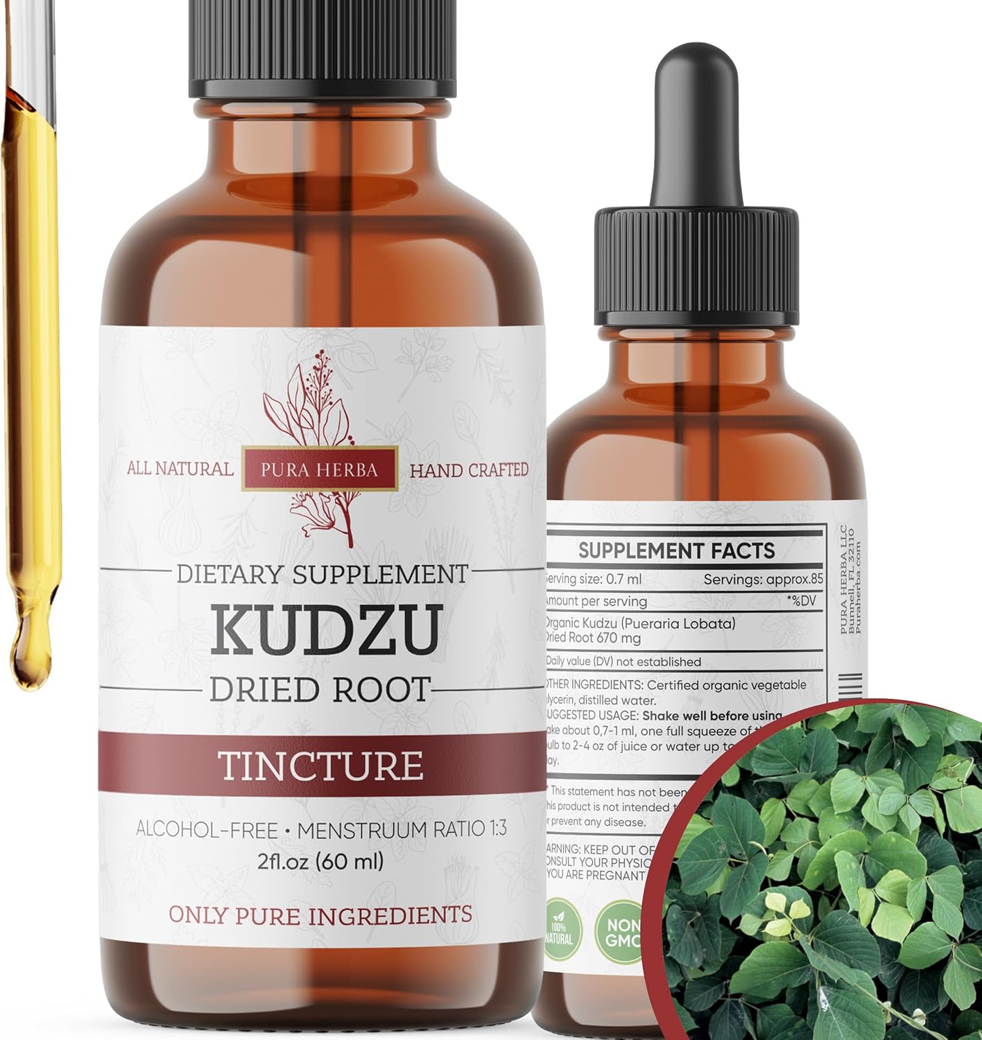 2 Fl Oz Pura Herba Organic Kudzu Root Extract - Vegan Alcohol Support Supplement - Non-GMO, Made in USA - Alcohol-Free