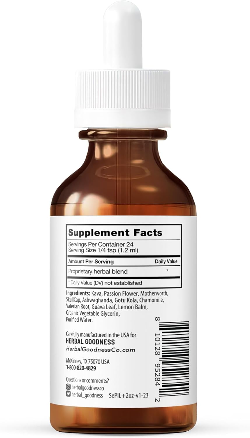 2 Fl.oz Herbal Goodness Calm Aid Supplement with Kava, Chamomile, Lemon Balm - Relaxation Support for Adults