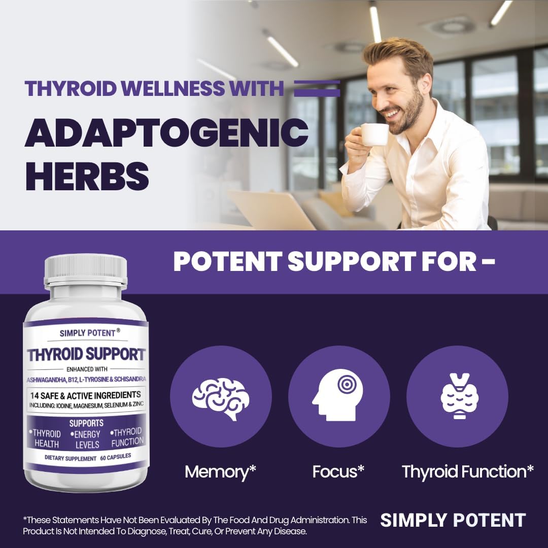 2-in-1 Thyroid and Adrenal Support Supplement with Iodine & Ashwagandha - Boost Energy, Metabolism, and Focus - 60 Capsules