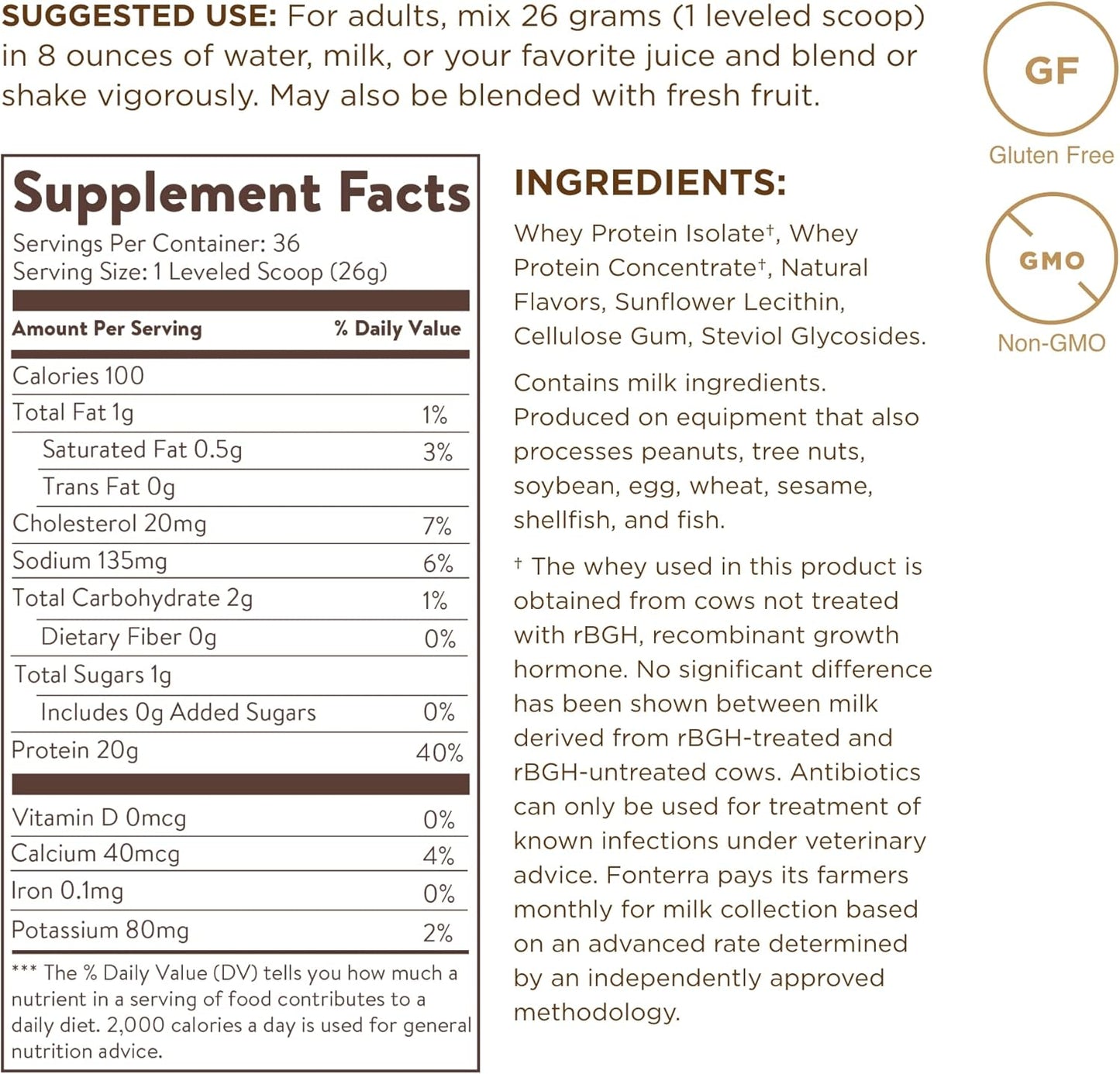 2 lb Grass-Fed Whey Protein Powder - Vanilla Flavor - Non-GMO, Gluten Free - 36 Servings