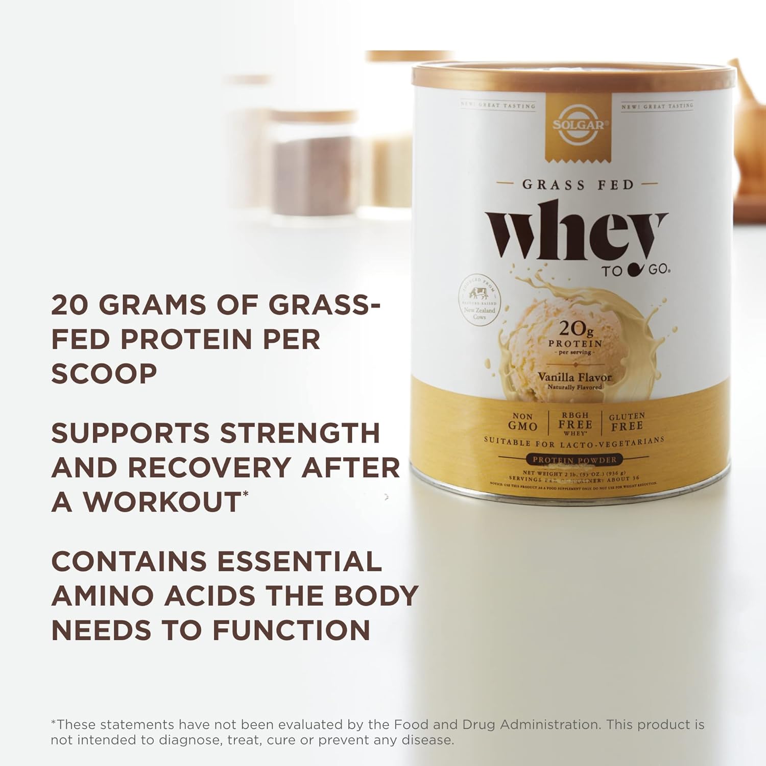 2 lb Grass-Fed Whey Protein Powder - Vanilla Flavor - Non-GMO, Gluten Free - 36 Servings