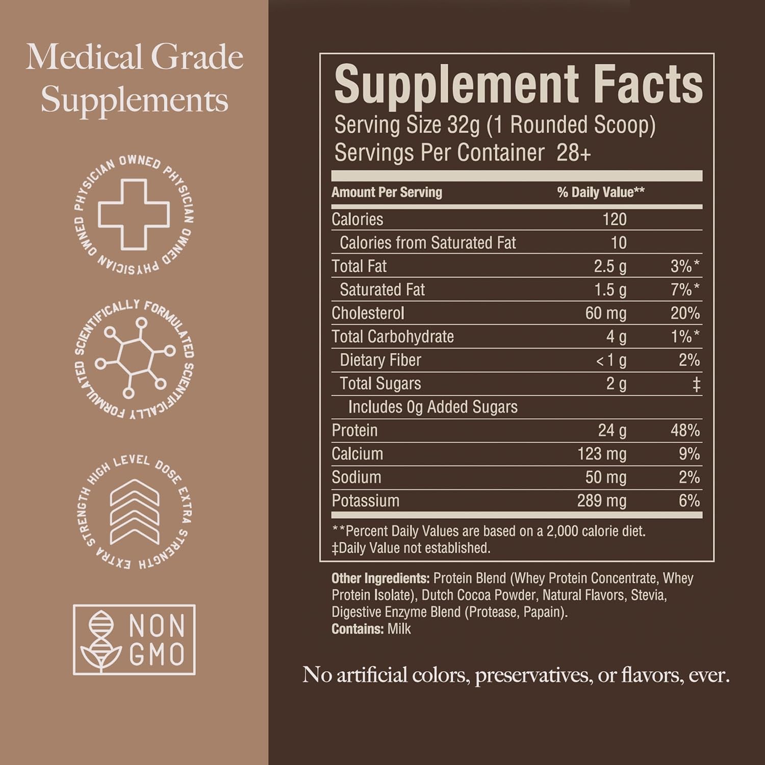 2 lb High Level Chocolate Whey Protein Powder with Stevia - 24g Protein, Non-GMO, Digestive Enzymes for Absorption - Made in USA