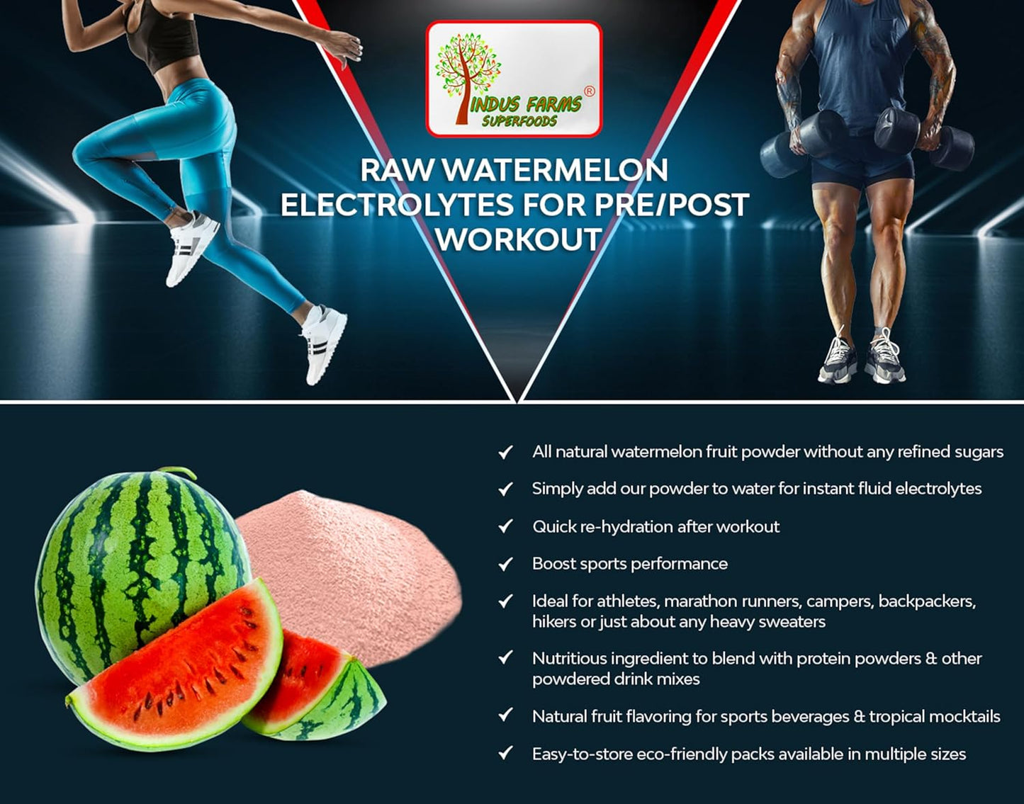 2 LB Indus Farms Superfoods Watermelon Fruit Powder - Natural Pre & Post-Workout Supplement with Instant Electrolytes, Hydration Mixes - GMO-Free
