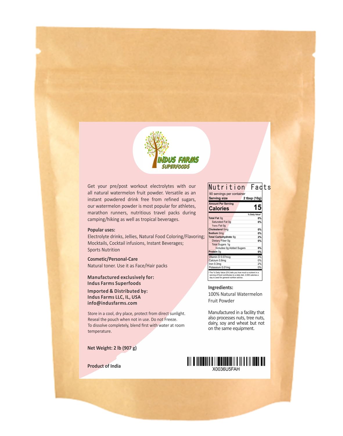 2 LB Indus Farms Superfoods Watermelon Fruit Powder - Natural Pre & Post-Workout Supplement with Instant Electrolytes, Hydration Mixes - GMO-Free