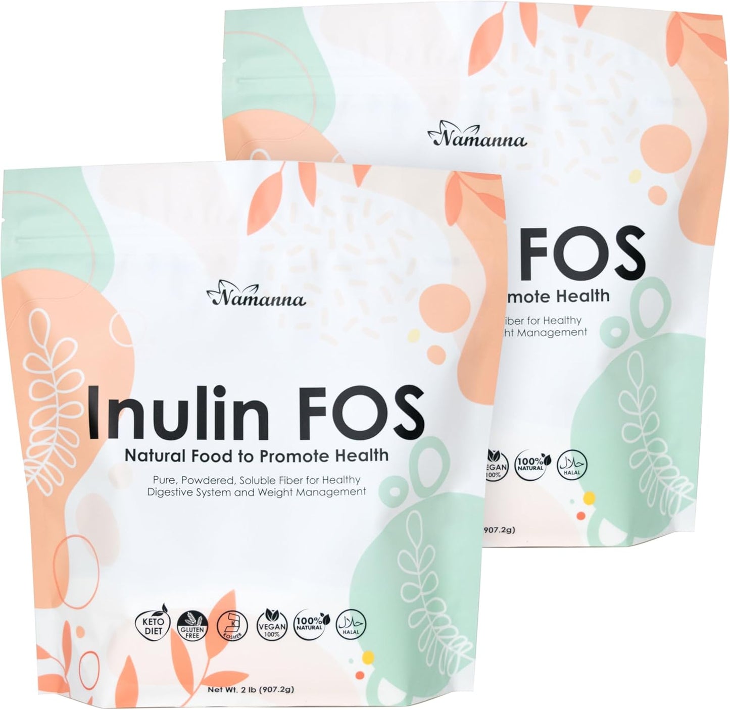 2 lb NAMANNA Pure Inulin FOS Powder - Natural Chicory Root Prebiotic Fiber for Gut Health - Vegan - 2 Pack