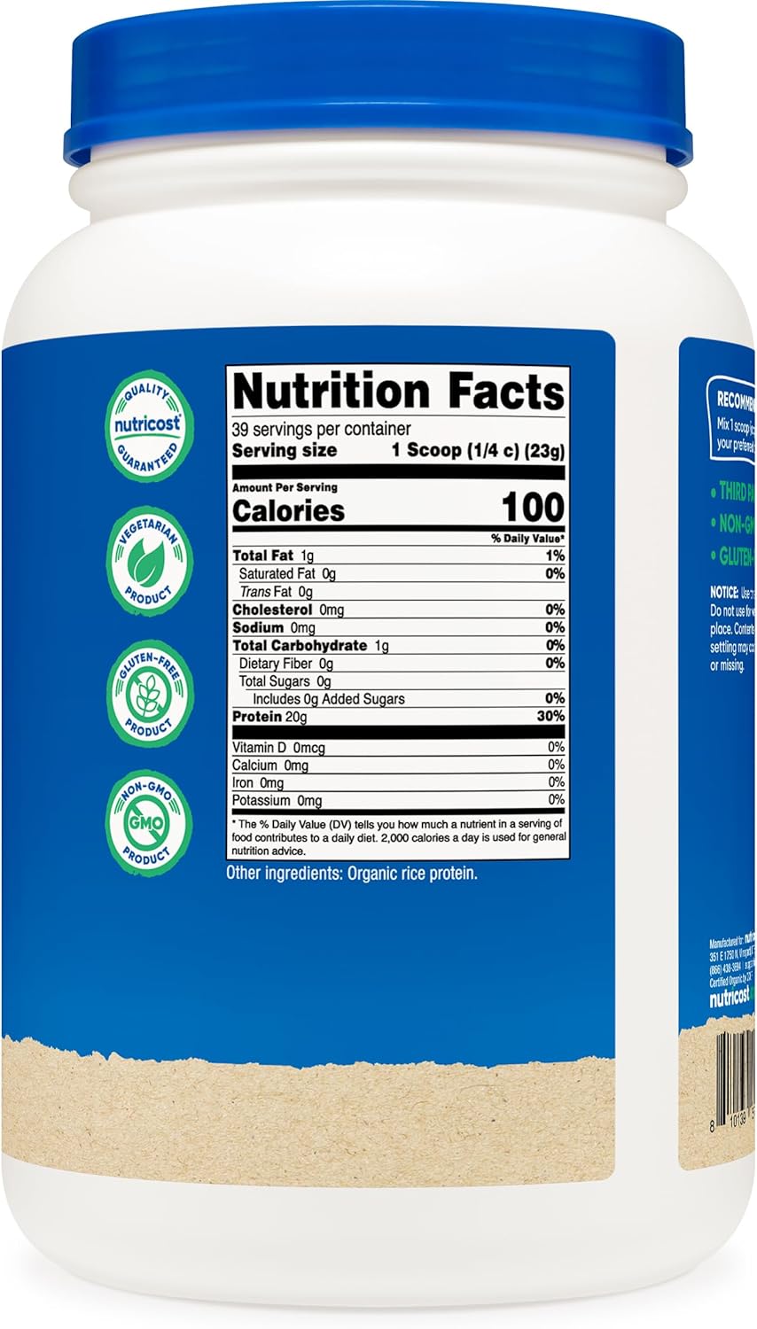 2 LB Nutricost Organic Rice Protein Powder - Gluten-Free & Non-GMO