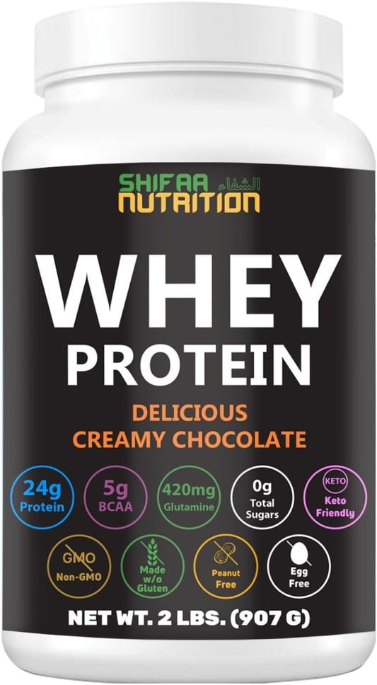 2 Lbs Halal Whey Protein Powder Creamy Chocolate - 24g Protein, 5g BCAAs, 420mg Glutamine - Lean Muscle Building & Recovery - Sugar-Free, Keto, Gluten-Free, Non-GMO