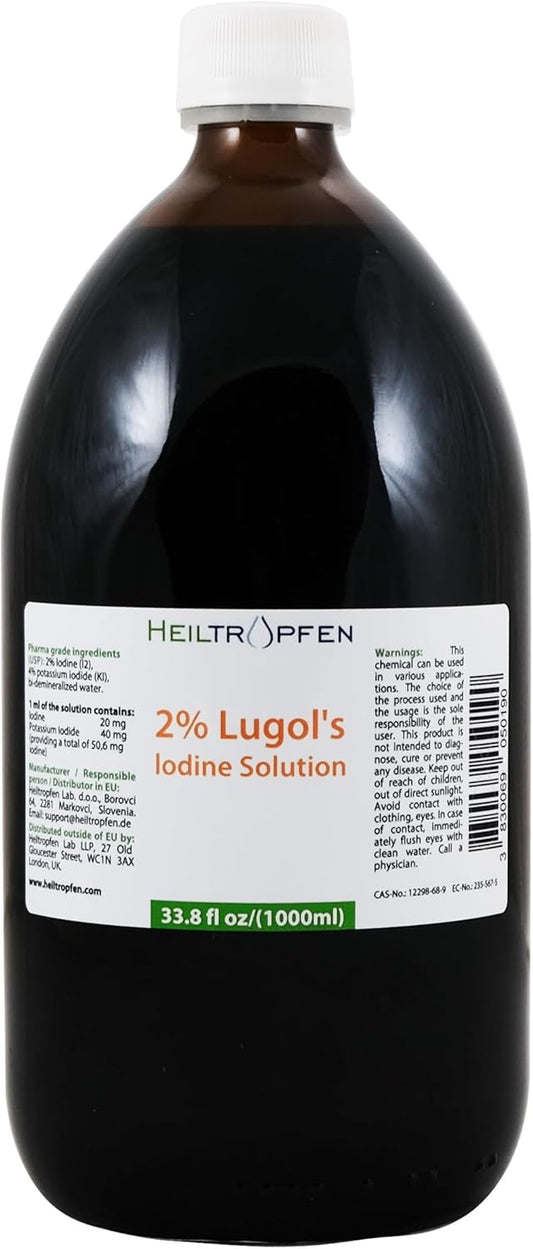 2% Lugol's Iodine Solution 1000ml | 33.8 fl oz Glass Bottle | Made with 2% Iodine & 4% Potassium Iodide | Heiltropfen®