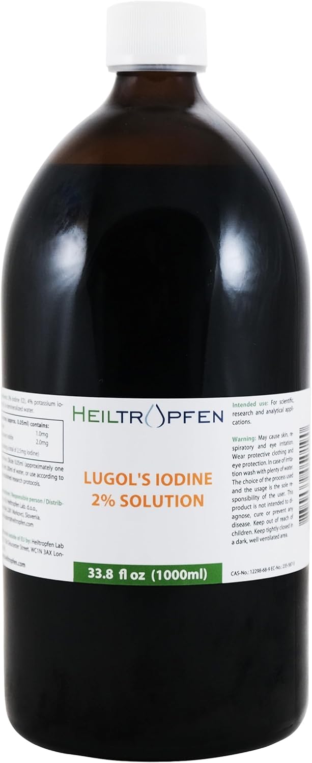 2% Lugol's Iodine Solution 1000ml | 33.8 fl oz Glass Bottle | Made with 2% Iodine & 4% Potassium Iodide | Heiltropfen®