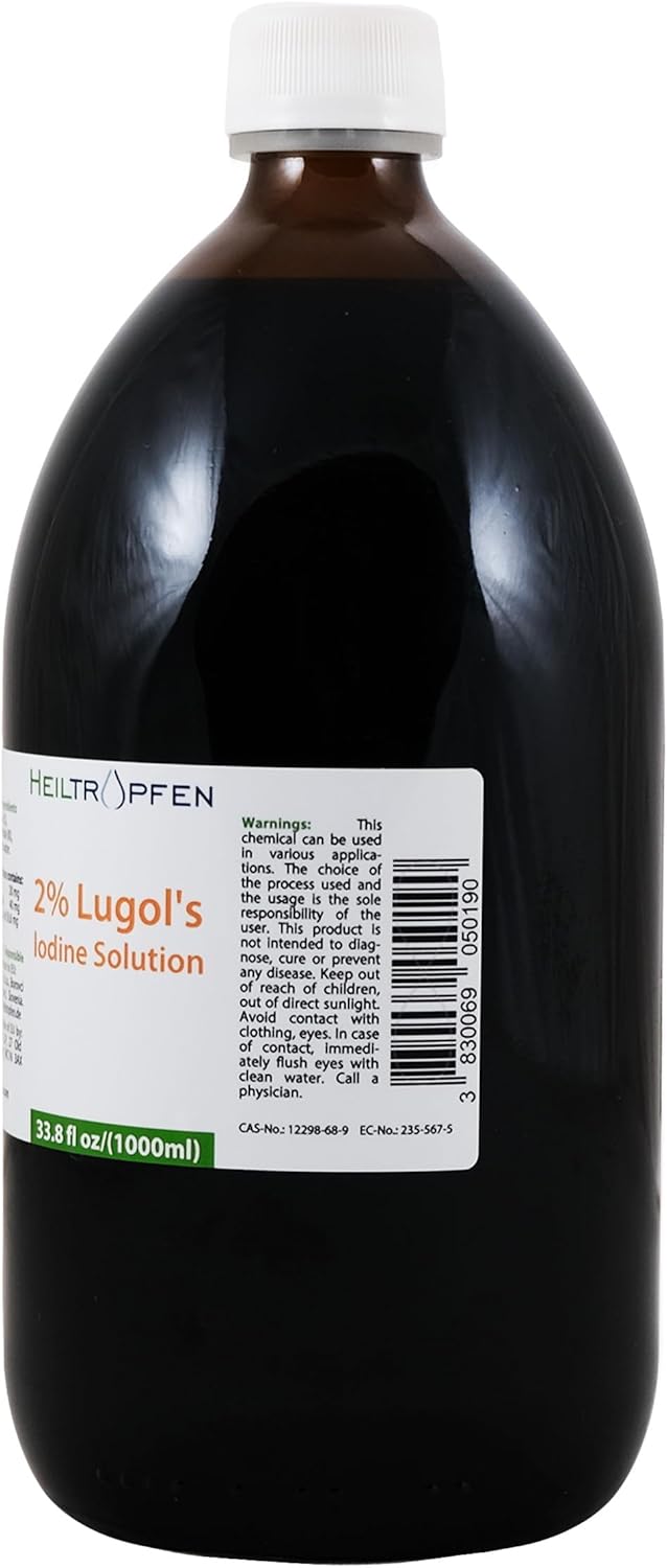 2% Lugol's Iodine Solution 1000ml | 33.8 fl oz Glass Bottle | Made with 2% Iodine & 4% Potassium Iodide | Heiltropfen®