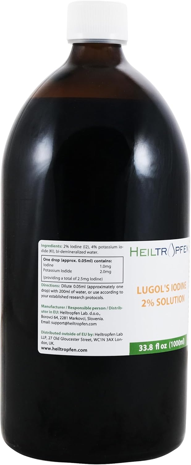 2% Lugol's Iodine Solution 1000ml | 33.8 fl oz Glass Bottle | Made with 2% Iodine & 4% Potassium Iodide | Heiltropfen®