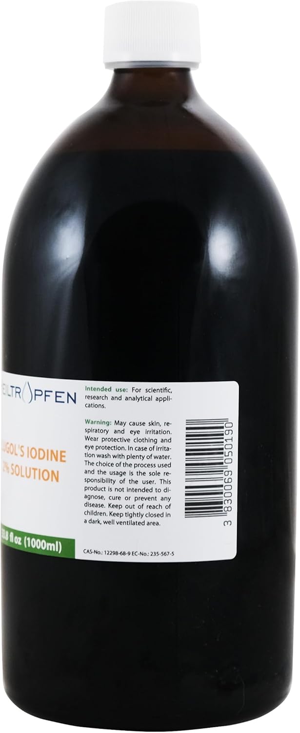 2% Lugol's Iodine Solution 1000ml | 33.8 fl oz Glass Bottle | Made with 2% Iodine & 4% Potassium Iodide | Heiltropfen®