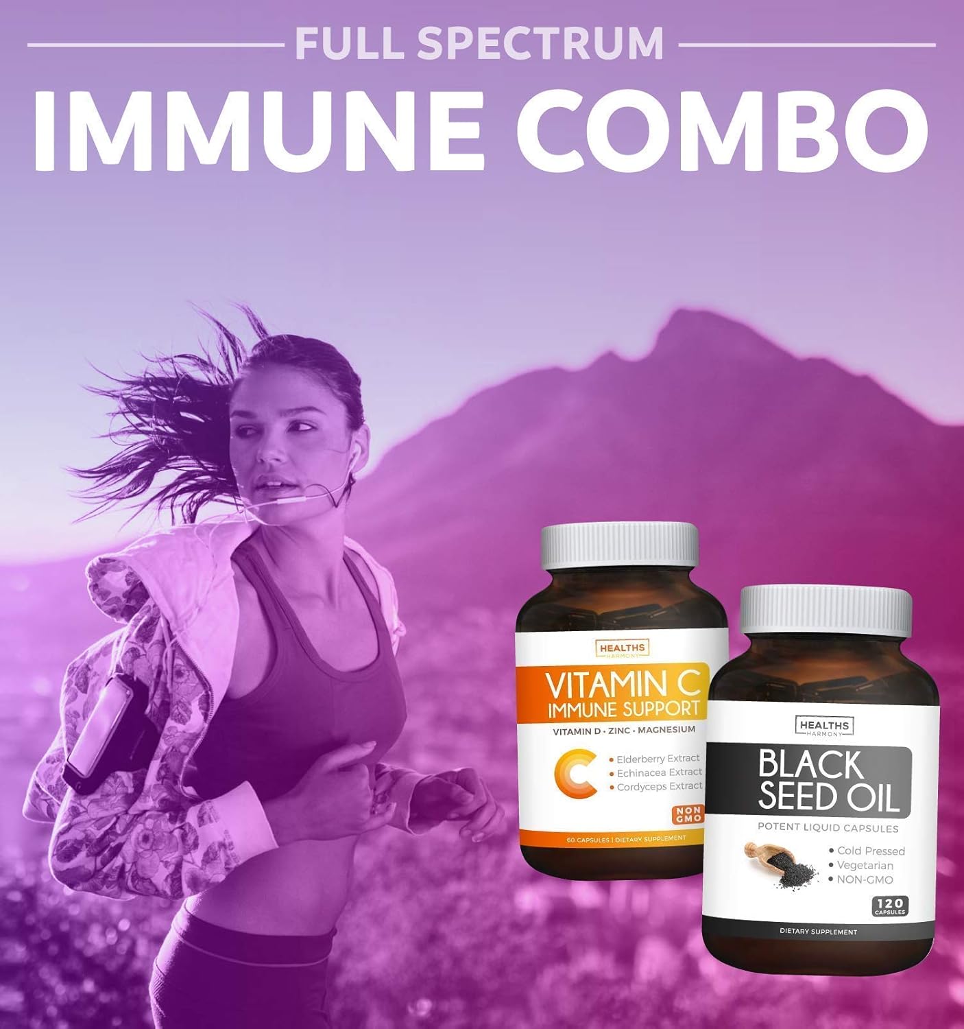 2-Month Supply Black Seed Oil & Vitamin C Immune Defense Bundle - Cold-Pressed Cumin Seed & Nigellia Sativa Capsules with Vegetarian Vitamin C Tablets