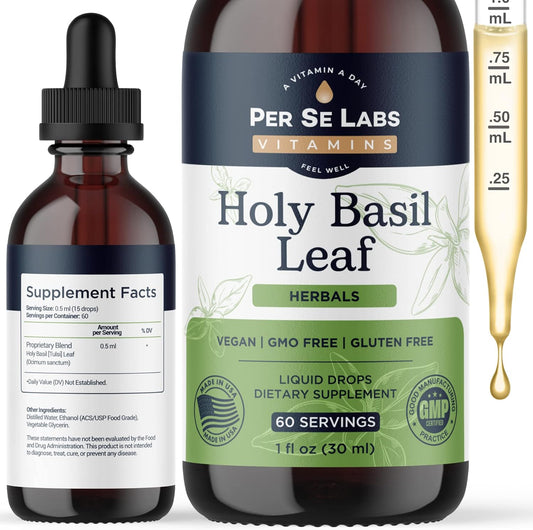 2-Month Supply of Organic Holy Basil Leaf Liquid Drops for Immune Support, Brain Function, and Focus Booster