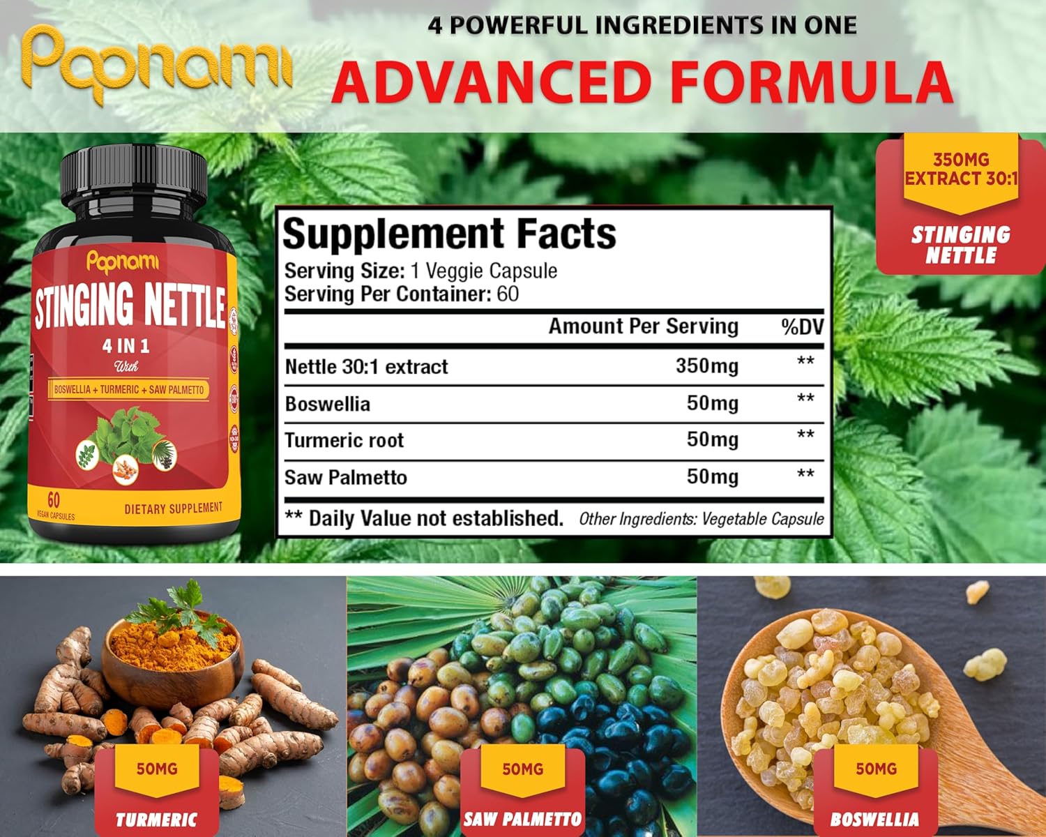 2 Month Supply of Papnami Stinging Nettle Extract Capsules with Boswellia, Turmeric, Saw Palmetto for Joint, Body, Skin, Hair, Immunity