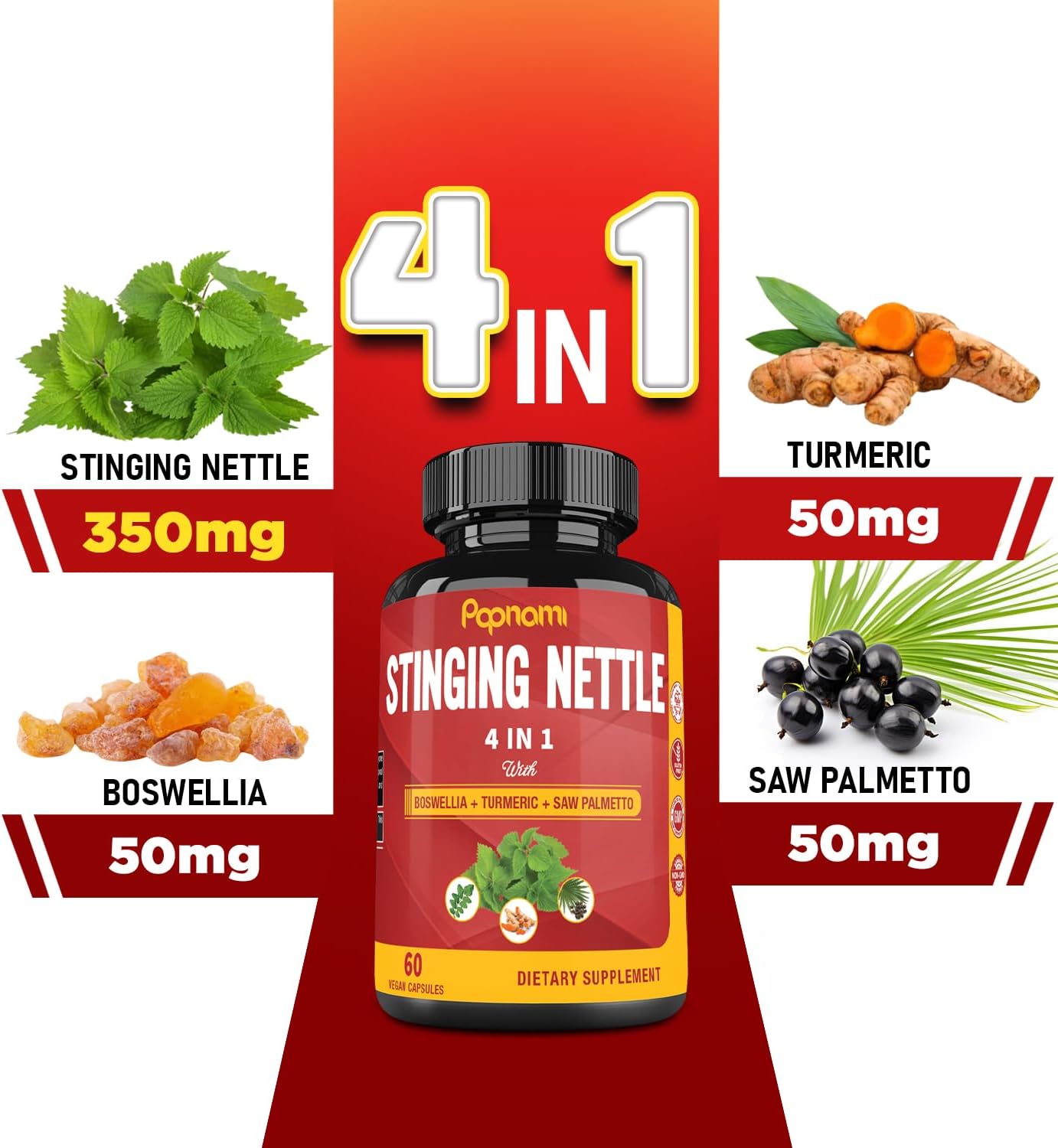 2 Month Supply of Papnami Stinging Nettle Extract Capsules with Boswellia, Turmeric, Saw Palmetto for Joint, Body, Skin, Hair, Immunity