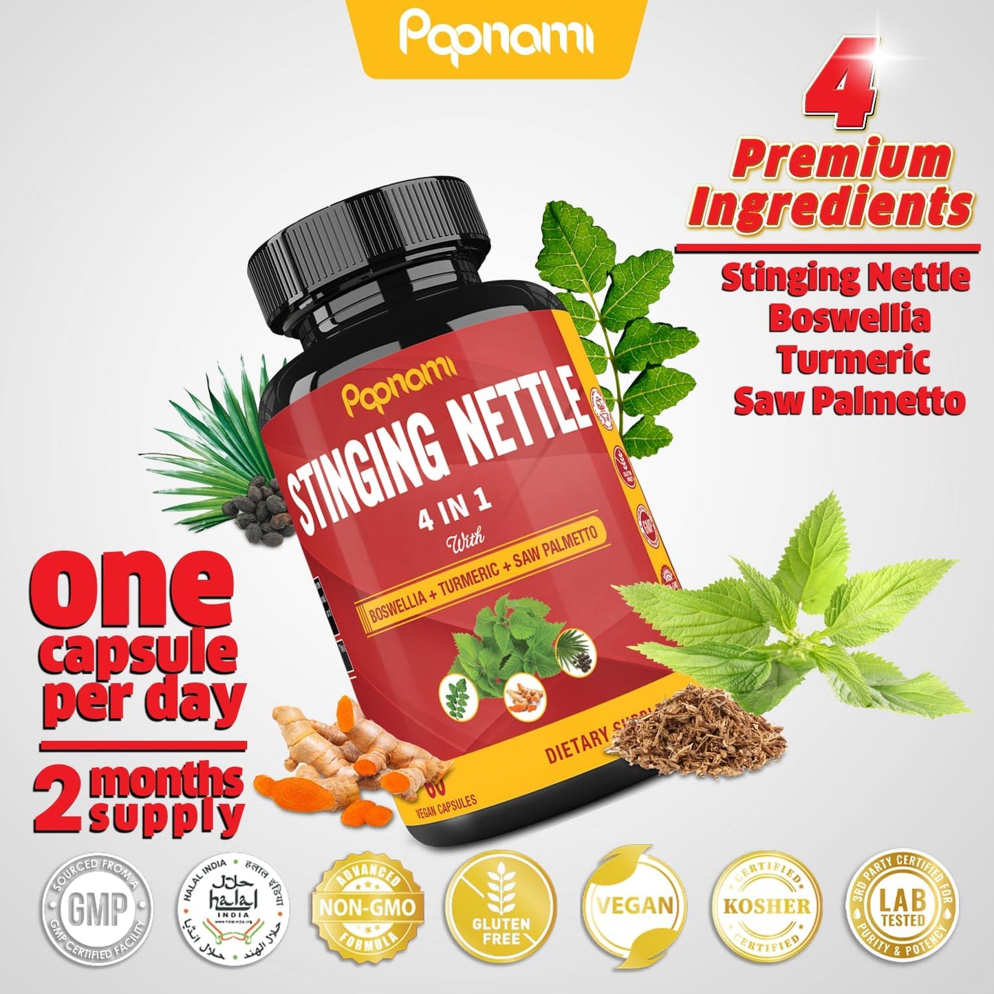 2 Month Supply of Papnami Stinging Nettle Extract Capsules with Boswellia, Turmeric, Saw Palmetto for Joint, Body, Skin, Hair, Immunity