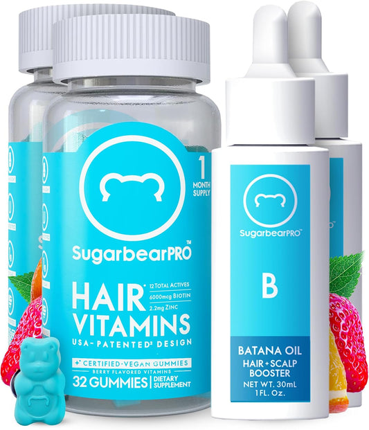 2 Month Supply of SugarbearPro Hair Vitamin Gummies with Pure Batana Natural Hair Growth Oil - Biotin 6000mcg, Vegan, Men, Women, Elderberry, Halal, Cruelty-Free