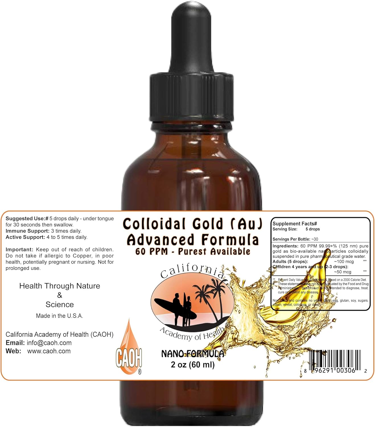 2 oz Colloidal Gold from California Academy of Health (CAOH) - Pure Gold Supplement