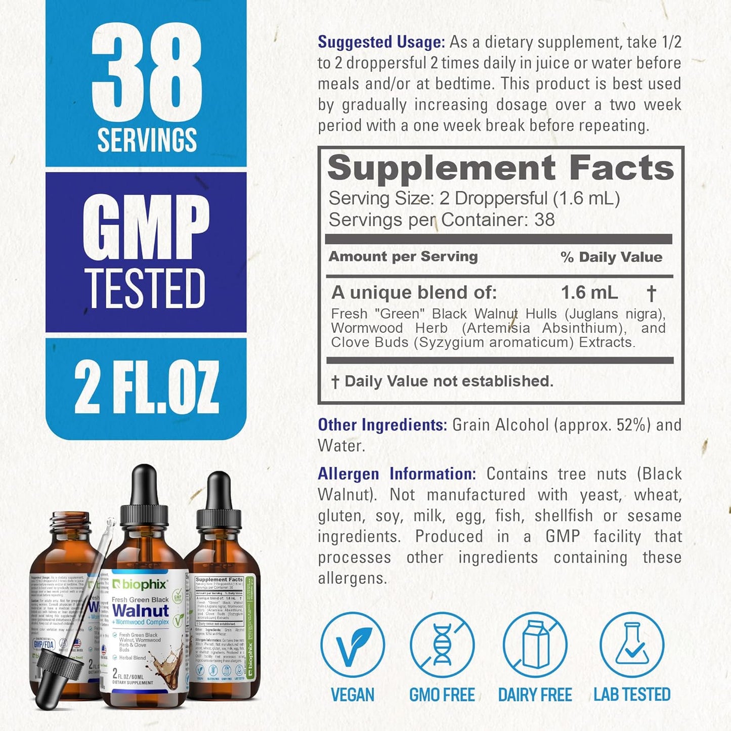 2 oz Natural Green Black Walnut Wormwood Extract - Potent Cleanser for Intestinal Health by Biophix