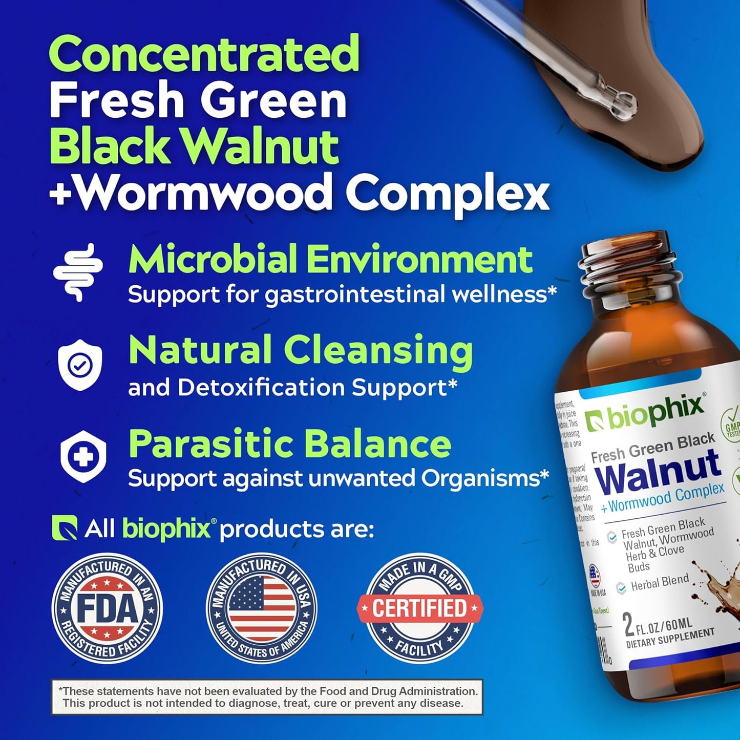 2 oz Natural Green Black Walnut Wormwood Extract - Potent Cleanser for Intestinal Health by Biophix